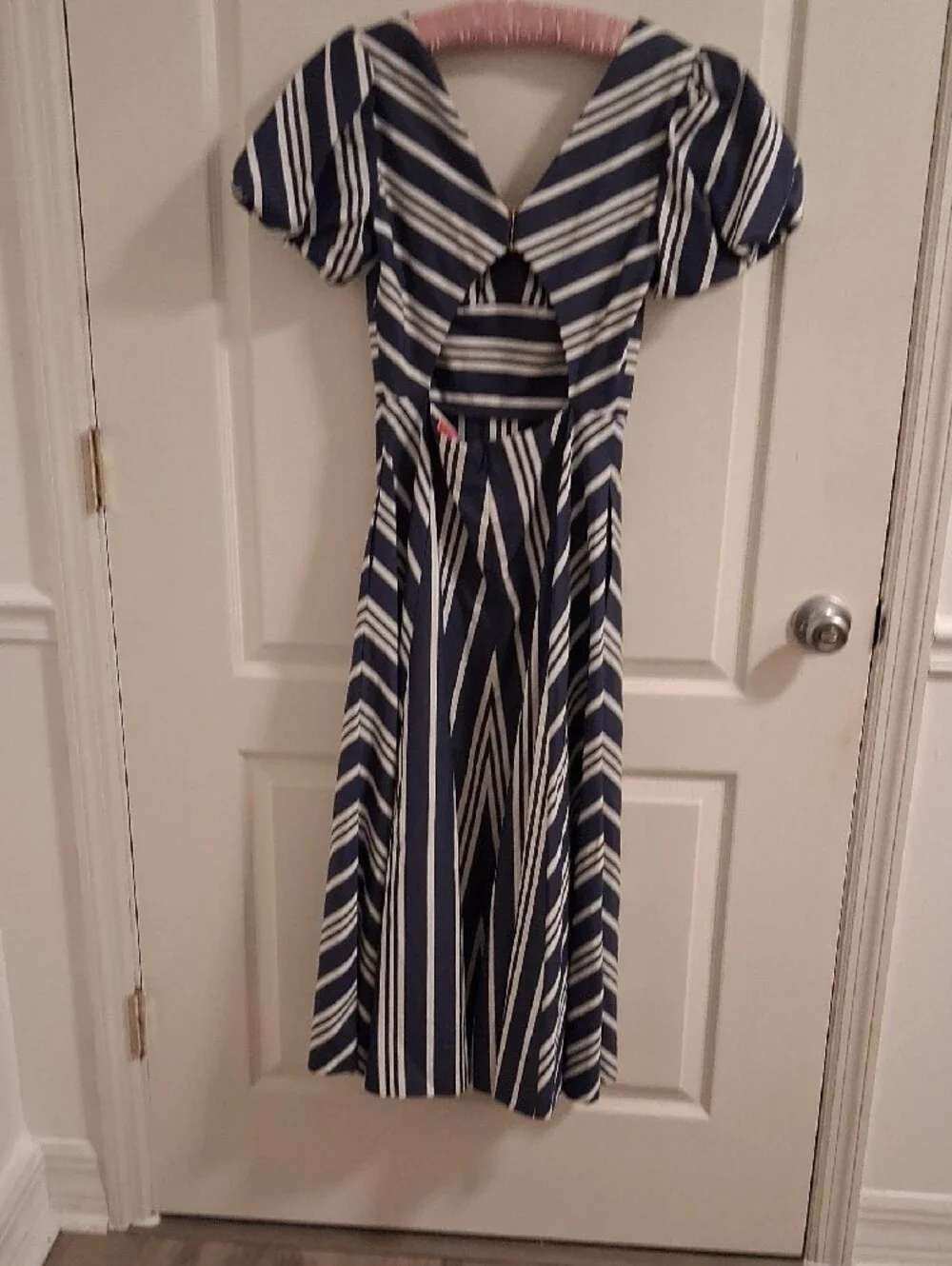 kate spade Navy and White Striped V‑Neck Midi Dress with Puff Sleeves